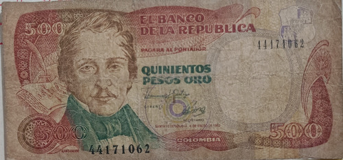 Billete Antiguo De 500 Pesos Oro Colombianos 