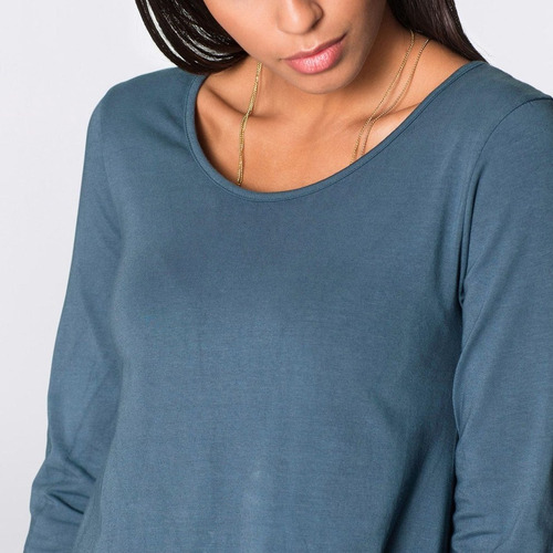 Manga Longa Senhora Vestido Assimétrico Hem Redondo Pescoço