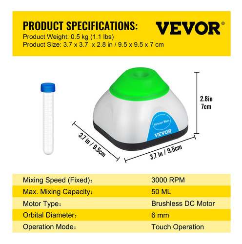 Mini Mezclador De Vórtice Funcion Tactil Hasts 50 Ml 3000rpm