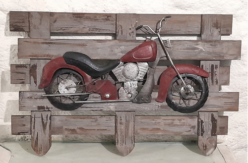 Antiguo Vintage Figura Chapa Moto Sobre Cerco Madera 80x40cm