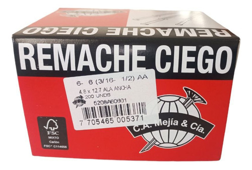 Remache Ala Ancha (6-6) 3/16 X 1/2  Precio 200 Und