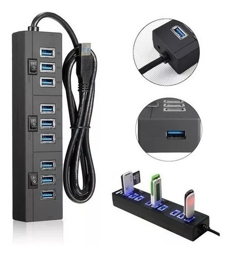 Hub 10 Puertos Usb 2.0 Alta Velocidad Pc Laptop Eliminador