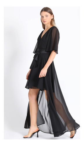 Vestido Corto Con Faldon Desmontable, Gasa Negro Liola