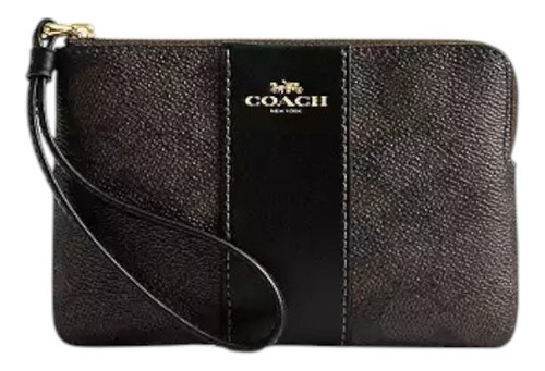 Coach Corner Zip Wristlet Walnut Black Negro Canvas