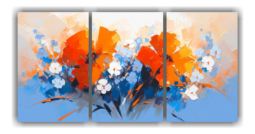 120x60cm Tríptico Minimalista Colores Naranja Y Azul Flores