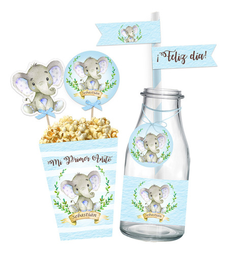 Kit Imprimible Elefante Acuarelas Bautismo 1 Añito Candybar 