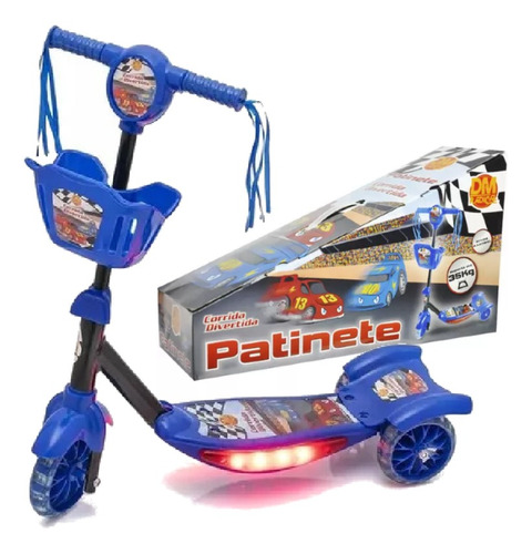 Patinete 3 Rodas Infantil Musical Com Luzes E Cesta Azul    