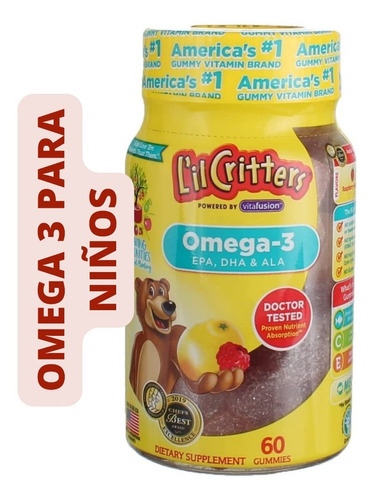 Omega 3 Para Niños  L'il Critters  60 Gomitas Sabor Frambuesa Y Limón