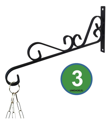 Imagem 1 de 6 de Gancho Suporte Rústico P/ Plantas Parede 30cm Preto Kit C/ 3