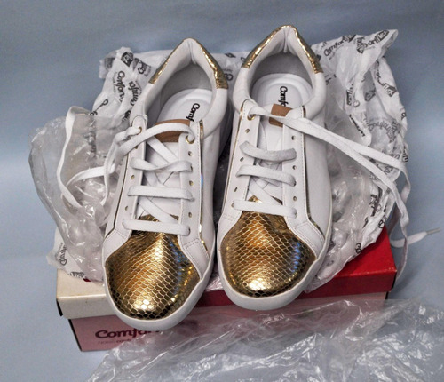 Imagem 8 de 10 de Comfortflex Tênis Nº 37 Branco E Dourado Novo