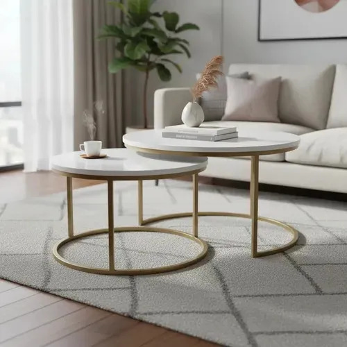 Mesa De Centro Redonda Kira Dourada E Branca Laca Com Base Em Ferro Dourado Com Branco Laca