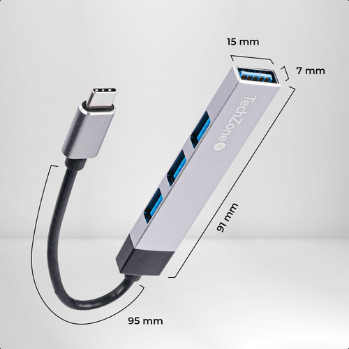 Hub Usb Tipo-c Con 1 Usb 3.0 Y 3 Usb 2.0 En Aluminio Plata Color Gris