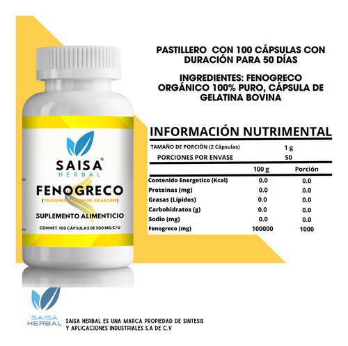 Fenogreco 100% Puro Bolsa Con 100 Cápsulas. Sabor Sin sabor