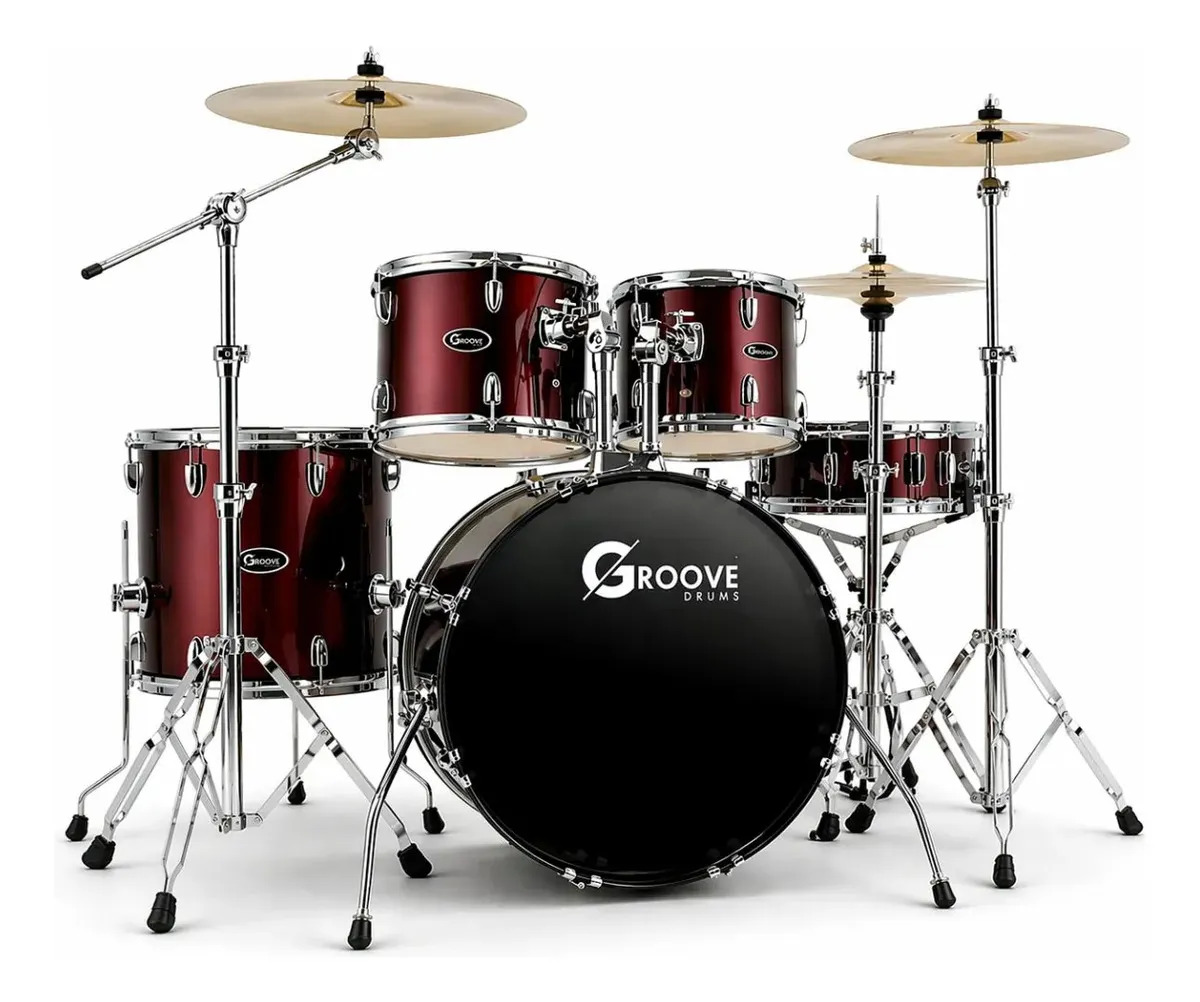 Bateria Acústica Completa Groove Drums Banco Pratos Pedal Pele Hidraúlica - Gd922 Bumbo 22 Wine Red