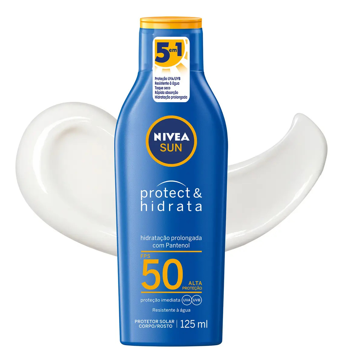 NIVEA SUN Protetor Solar Protect & Hidrata FPS 50 125ml, Alta Proteção UVA/UVB, Hidratação Prolongada, Rápida Absorção, Pantenol, Cuidado Solar Corporal e Facial