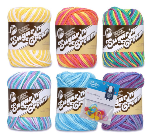 Paquete De 6 Unidades De Yarn Lily Sugar'n Cream, 100% Algod Color Ombre Fun Mix
