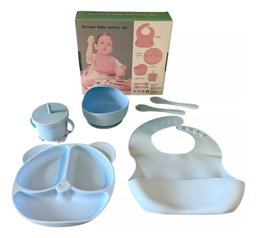 Set Celeste Alimentacion Bebe Silicona Completo Plato Vaso Bowl Liso Veoquiero