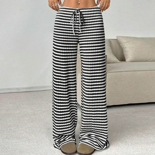 Calças Femininas, Moda Casual, Listrada, Elástica, Cordão, S