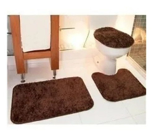 Kit De Banheiro Tapete Conjunto 3 Pçs Peludo Cor Marrom