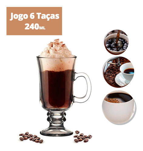 Jogo 6 Taça Caneca Café Cappuccino Milk Shake 240ml Vidro