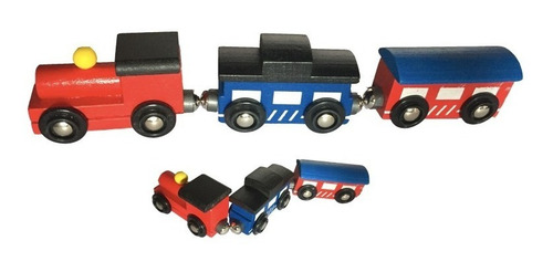 Tren De Madera Con Locomotora Y 2 Carros Con Union De Imán