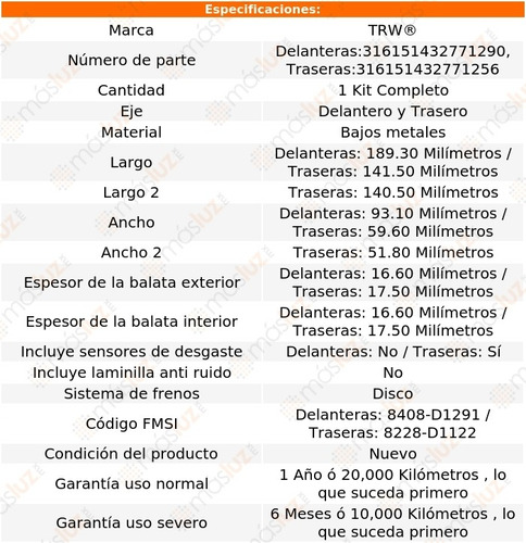 Jgo Balatas Bajos Metales Del Y Tras G65 Amg 16/17