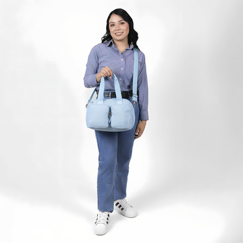 Bolso De Mano Y Hombro Grande Chenson 1818 Zilp Color Azul Acabado De Los Herrajes Níquel Color Azul Acero Correa De Hombro Azul Acero Diseño De La Tela Lisa