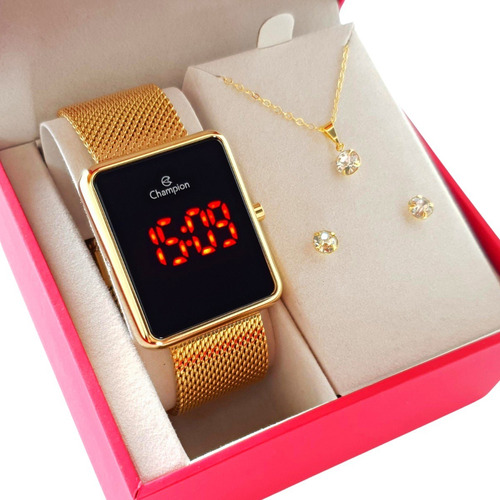 Imagem 3 de 10 de Relógio Champion Feminino Dourado Luxo + Colar E Brincos 18k