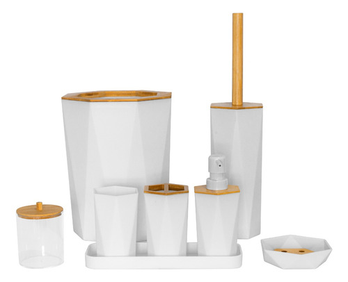 Set 8 Accesorios Poligonales Para Baño Pvc Blanco Y Bambú