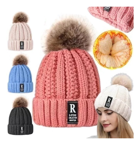 Gorro Lana Soft Peluche Con Pompón Destellos Invierno Moda