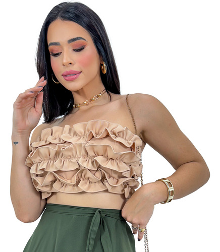 Cropped Top Faixa Alfaiataria Babado Camadas Moda Tendência