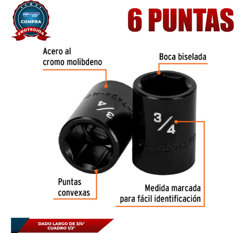 Dado De Impacto, 6 Puntas, Cuadro 1/2 Pulg De 3/4 Pulg 13381