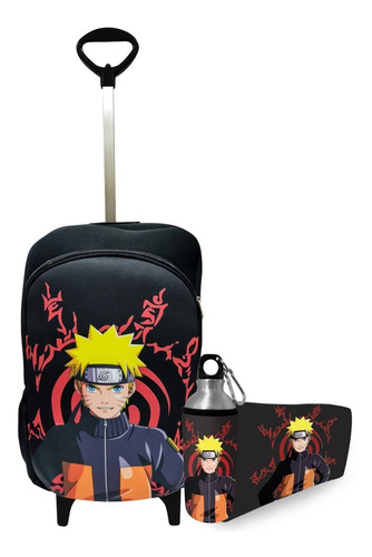 Mochila Juvenil Carrinho + Necessaire Squeeze Naruto Uzumaki