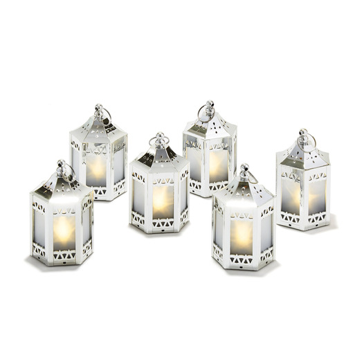 6 Silver Mini Holographic Star Lanterns, 5'', Warm White Led