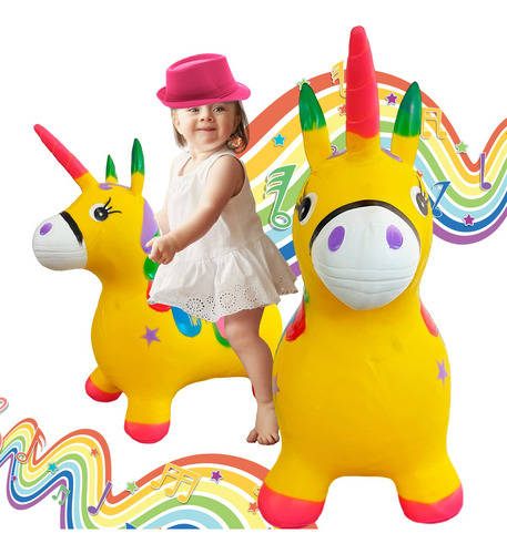 Montable Caballito Unicornio Amarillo Inflable Brinca Sonido