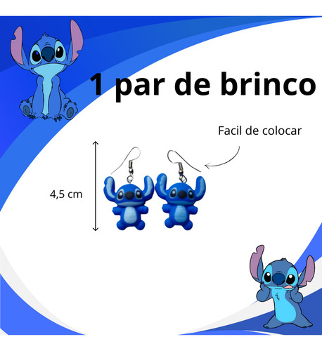 Kit Colar + Par Brinco Infanti Stitch Em Resina Azul Azul