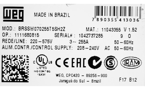 Soft Starter Weg Ssw07 255a 100cv 220v/175cv 380v/200cv 440v