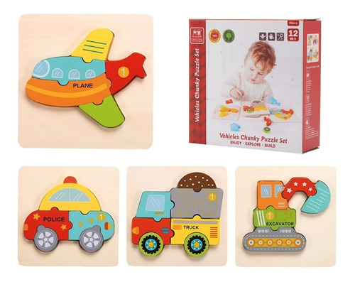 Set Vehiculos X4 Madera Puzzle Didactico Infantil Phoohi Mca