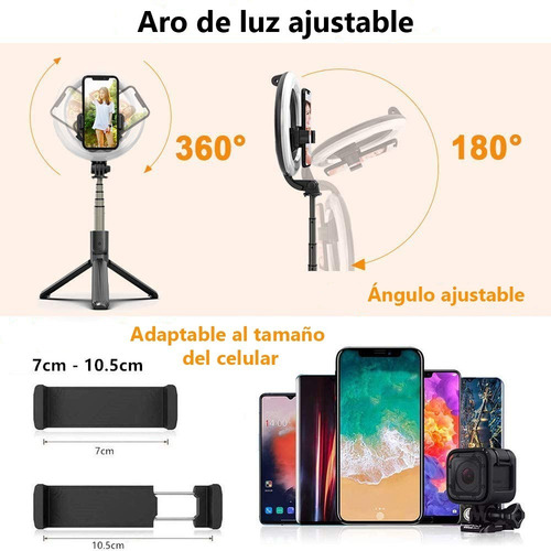 Imagen 7 de 10 de Palo Selfie Bluetooth Stick Celular Aro Luz Tripode 70 Cm