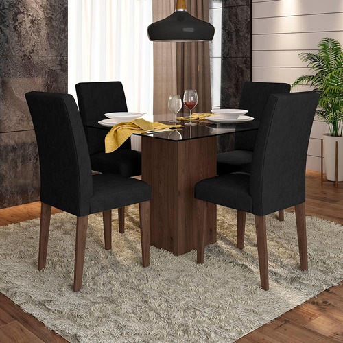 Conjunto Sala De Jantar 4 Cadeiras C/ Vidro Malta Cor Imbuia/ Vidro/ Preto Desenho do tecido das cadeiras Liso