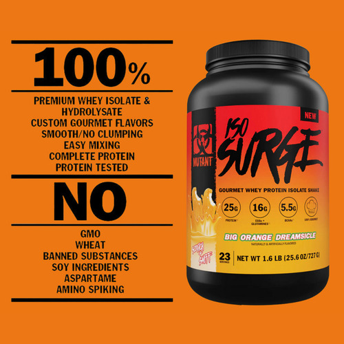 Proteína Iso Surge Mutant Naranja 727g Polvo 23 Porciones