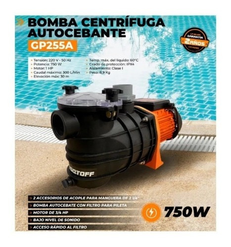 Imagen 2 de 4 de Bomba Centrifuga Autocebante Luqstoff Gp255a 1hp Pileta 300l