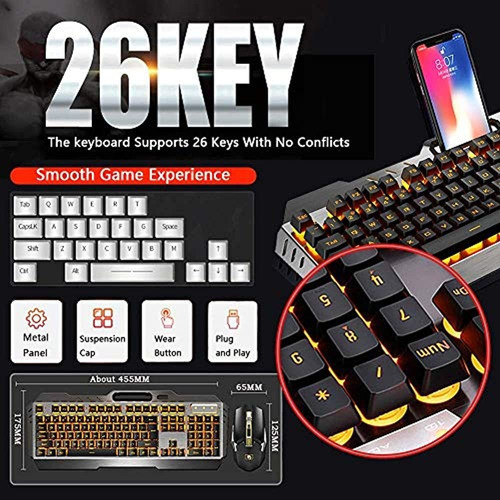Teclado e mouse para jogos, luz de fundo laranja LED 3 em 1
