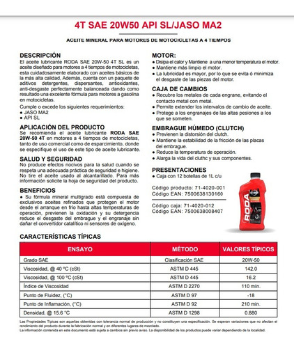Aceite Premium 4t 20w-50 Api Sljaso Ma2 1l C/12 Roda +regalo
