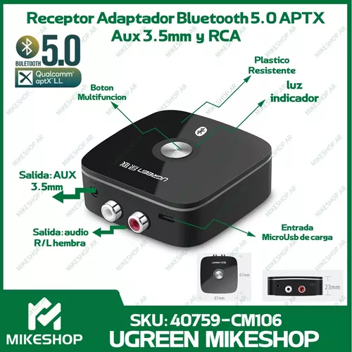 Receptor Bluetooth 5.1 Aptx Hd 2 En 1 Rca Y 3.5m Jack Ugreen