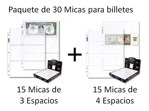 Imagen 2 de 10 de Paquete De 30 Micas Hojas Bcw Para Billetes 3 Y 4 Espacios