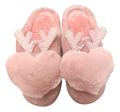 Pantuflas Rosas Simil Piel Corazón Reno Strasses Y Perlas