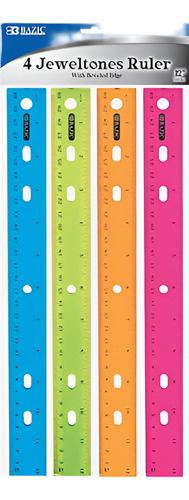Regla De Color Bazic Jeweltones, 12 Pulgadas, 1 Paquete De 4