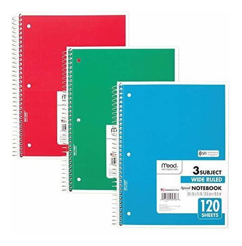 Mead Spiral Notebooks, 3 Asunto, Papel Renglón Ancho, 120 Ho