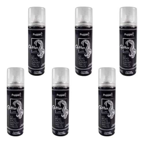 Kit 6 Spray Glitter Brilho Carnaval Cabelo Roupa Corpo Prata
